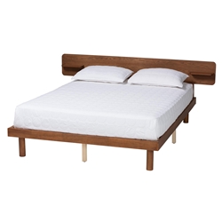 Baxton Studio Morana Mid-Century Modern Walnut Brown Finished Wood Queen Size Platform Bed with Built-in Shelf